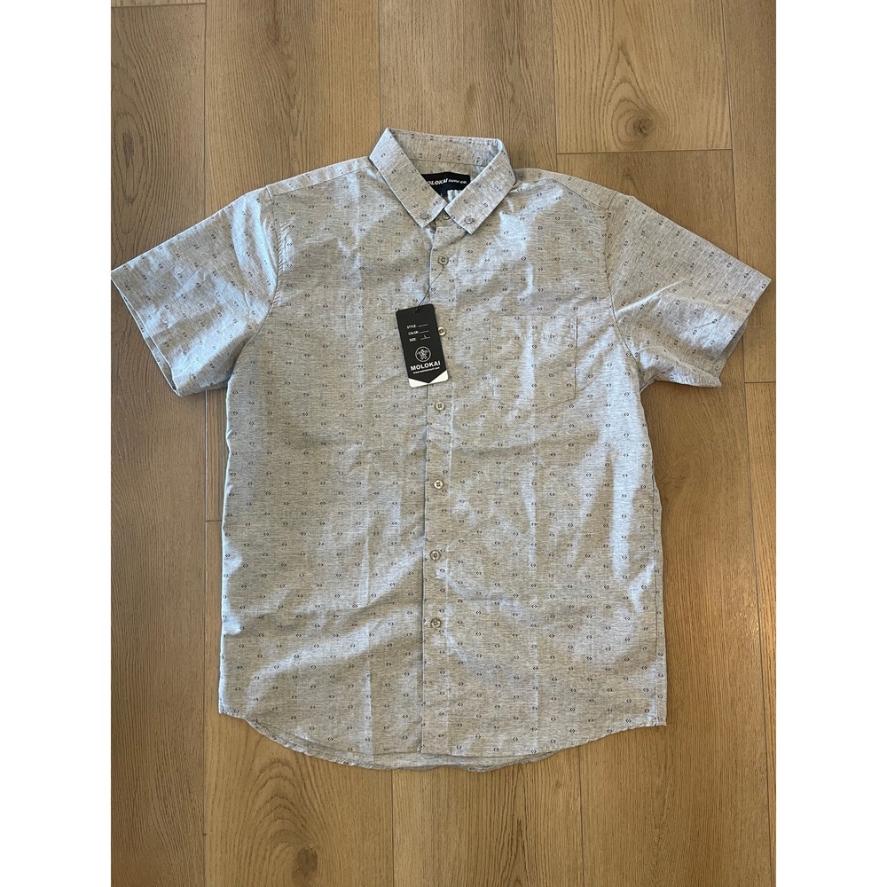 Molokai Surf Co Mens Large Grey Geometric Print Short Sleeve Button Down Shirt